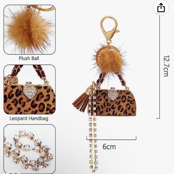 New leopard print bag charm Keychain with plush ball - Picture 2 of 6